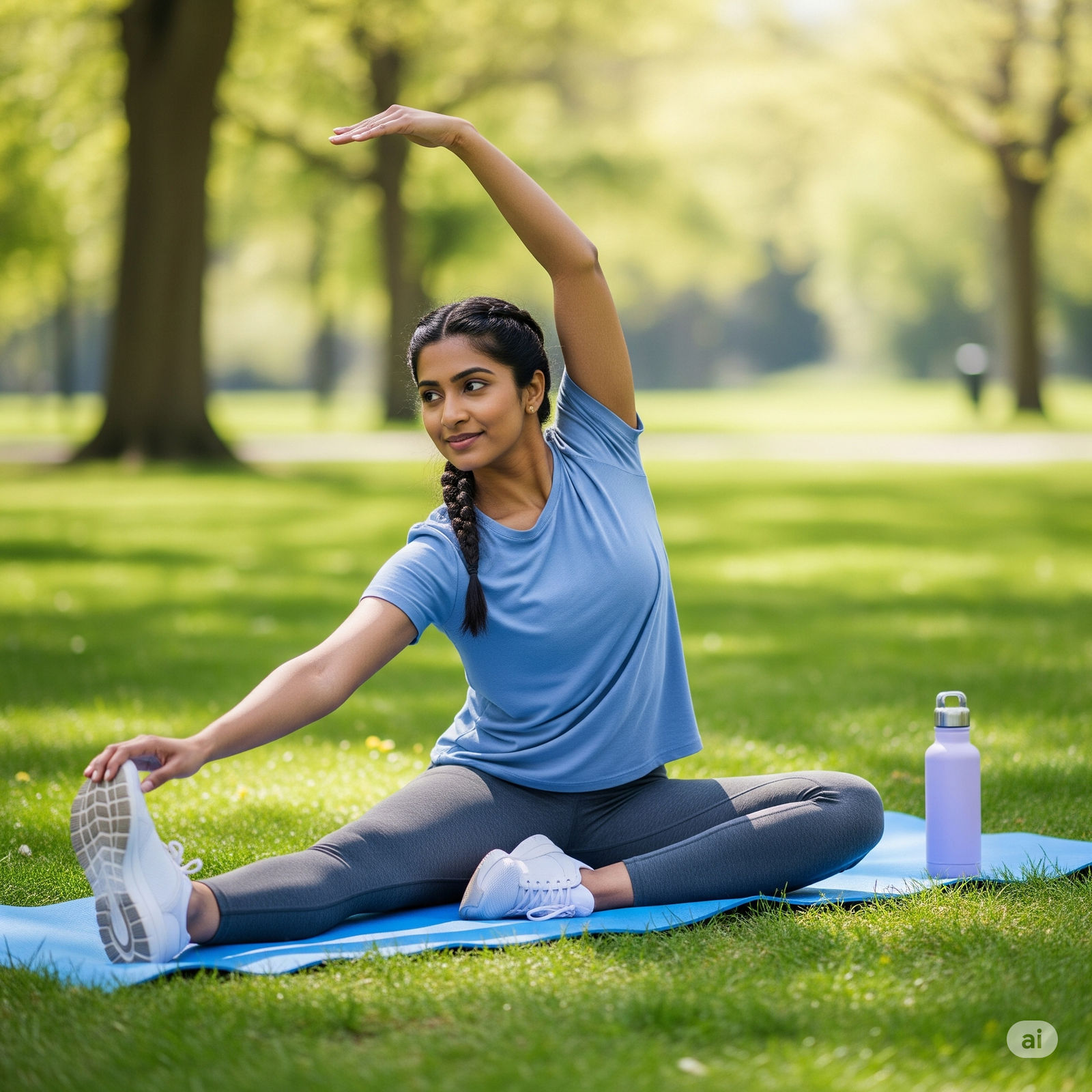Person practicing mental health in fitness through mindful stretching in a peaceful park Description: A realistic image of a diverse individual meditating or stretching in a serene park, highlighting the connection between mindfulness and fitness.