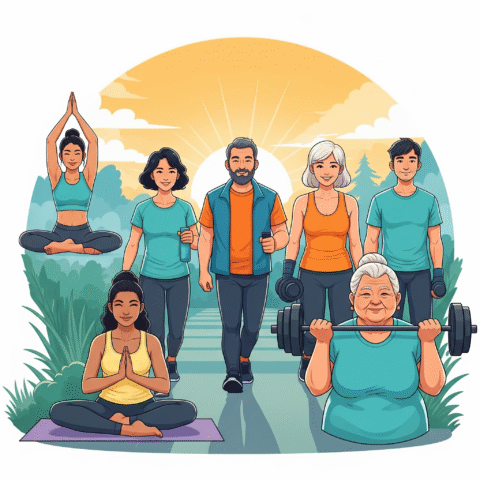 Diverse group practicing mental health in fitness through joyful exercise in a serene outdoor setting Description: A vibrant illustration of diverse individuals engaging in yoga, walking, and weightlifting at sunrise, emphasizing mental wellness and inclusivity.